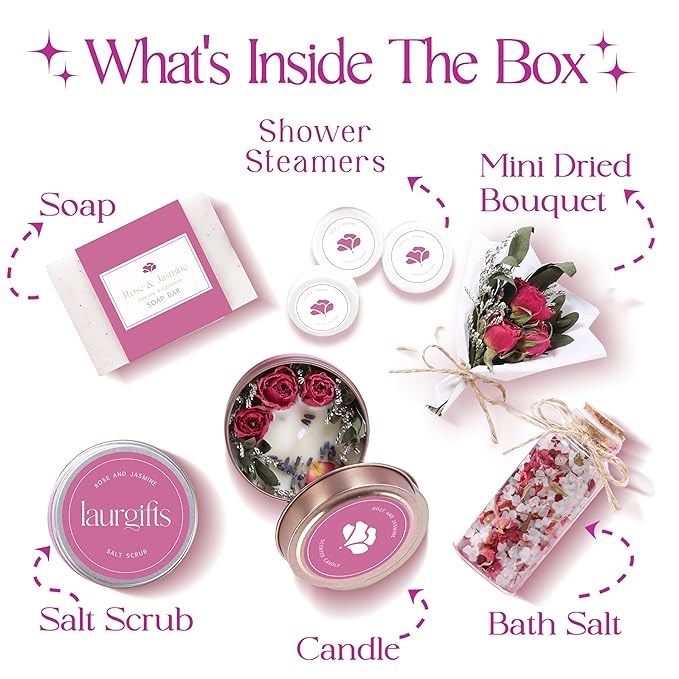 Spa Gift Set for Women – Small Self Care Gift Box with Relaxing Rose & Jasmine Scent – Bath Gift for Birthday, Christmas & Thank You – Elegant Spa Gift for Mom, Wife, Sister or Friend