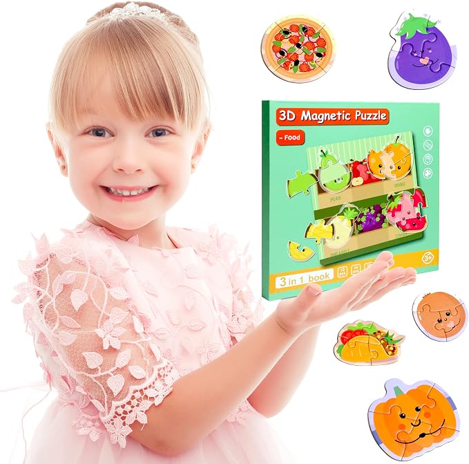 Magnetic Puzzles for Kids Ages 3-5, Travel Toddler Food Puzzle Toy | Refrigerator Magnet Game for Ages 4-6, Learning & Birthday Gift for Boys, Car Airplane Road Trip Quiet-Time Activity Toys