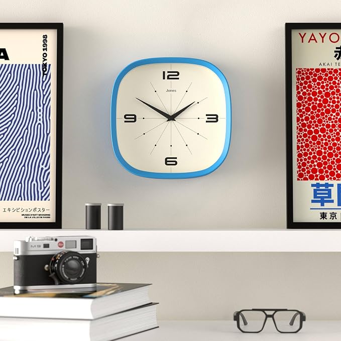 JONES CLOCKS® Pulsar wall Clock | Square Rounded Retro Clock | 10 inch | Blue |