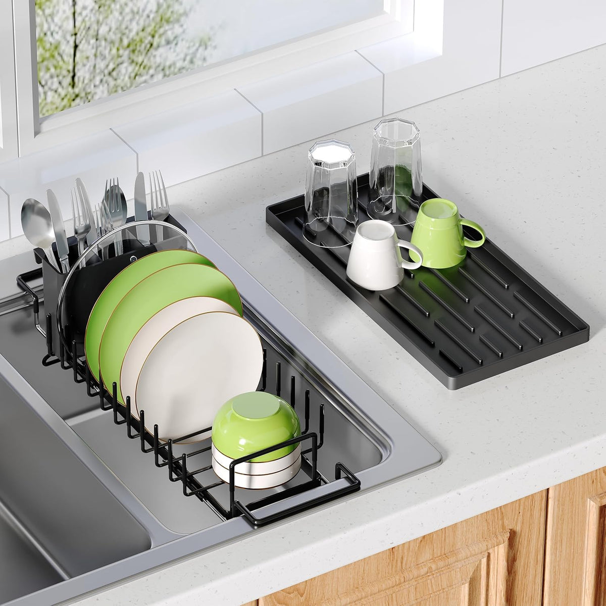JASIWAY Dish Drying Rack in Sink, Expandable Stainless Steel Dish Drainers for Kitchen Counter, Dish Dryer Rack for Inside Sink, Over The Sink Dish Racks with Utensil Holder, Silver
