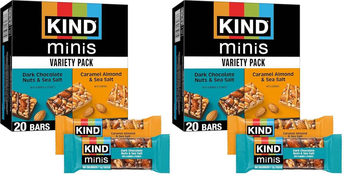 KIND Mini Snack Bars Variety Pack, Gluten Free, Low Sugar, Low Calorie Snacks, Dark Chocolate Nuts & Sea Salt, Caramel Almond & Sea Salt, 20 Count