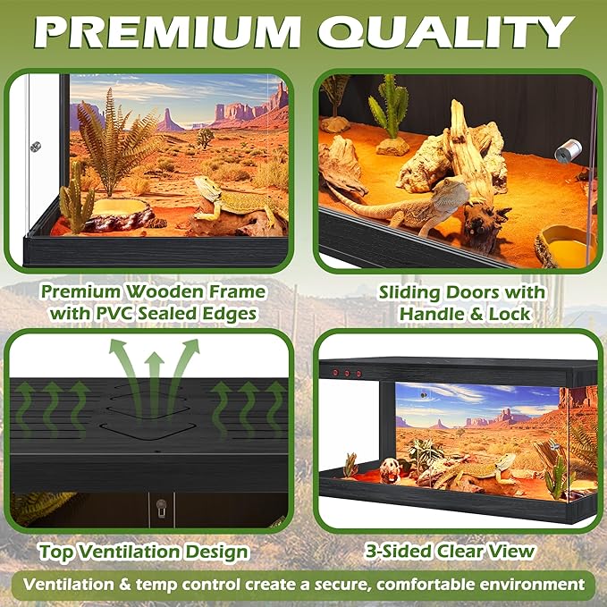 Royxen Tempered Glass Reptile Enclosure,Reptile Tank with Wooden Mesh Top and Lockable Design,79 Gallon Bearded Dragon Tank for Lizard Gecko Tortoise Snake Habitat,48" x 20" x 20",Black