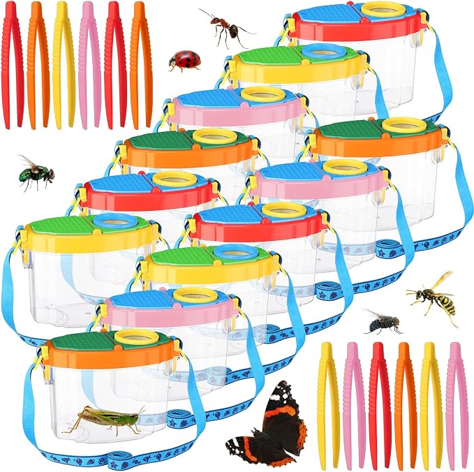Halloscume 12 Pack Bug Catcher for Kids Insect Bug Viewer Kit with Tweezers Explorer Outdoor Set Insects Catcher Containers Magnifying Box for Children Science Nature Exploration Tool(Bright Color)