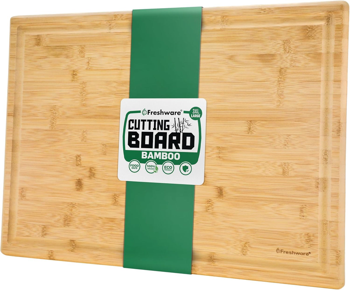Bamboo Cutting Boards for Kitchen [Set of 3] Wood Cutting Board for Chopping Meat, Vegetables, Fruits, Cheese, Knife Friendly Serving Tray with Handles