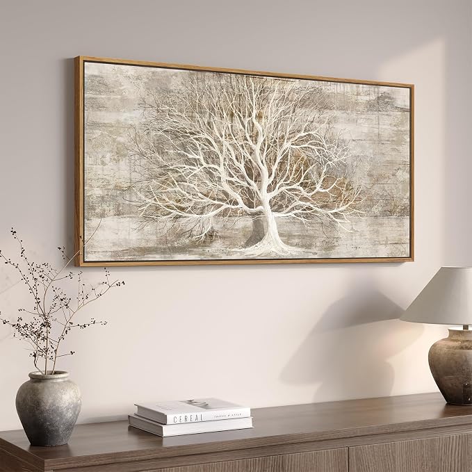 Framed Vintage Tree of Life Wall Art, Neutral Rustic Farmhouse Tree Canvas