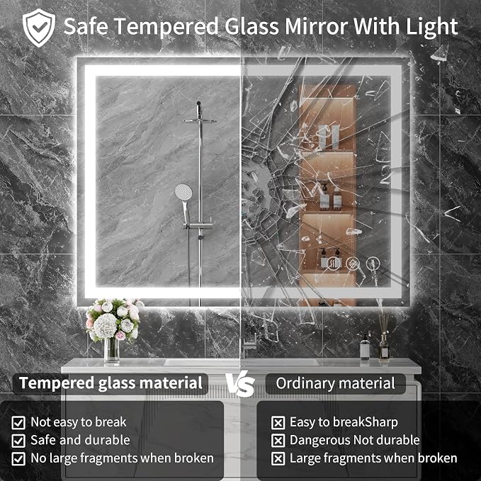 Koonmi 48"x32" LED Mirror for Bathroom, 90CRI Anti-Fog Vanity Mirror