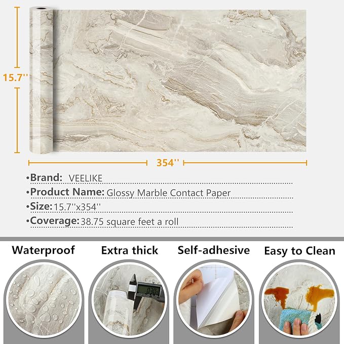 VEELIKE Glossy Beige Gold Liquid Marble Contact Paper
