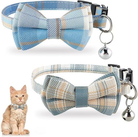 Jeffdad 2Pcs Cat Collar Breakaway, Cat Collar with Bells Bowtie Plaid Cat Collar Adjustable for Kitten Puppy and Small Pets (Blue and White Plaid)
