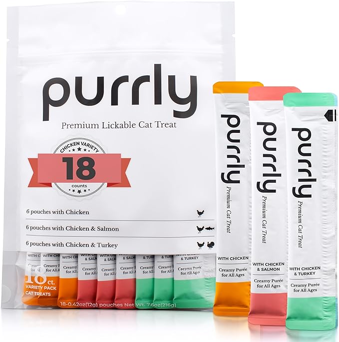 Purrly Lickable Wet Cat Treats Healthy Grain-Free Chicken Variety Pack (18 Count) Squeezable Creamy Purée with Human-Grade Protein Sources and Functional Nutrients Non-GMO No-Artificial-Additives