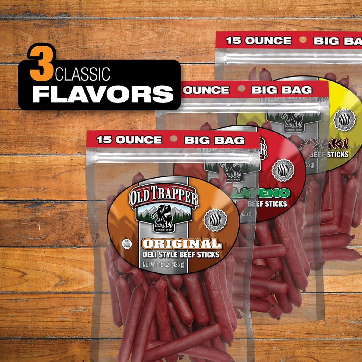 Old Trapper Original Deli-Style Beef Sticks,15-Ounce Package, Perfect for On-the-Go Snacking, Six Grams of Protein and Zero Grams of Sugar per Serving (Pack of One)