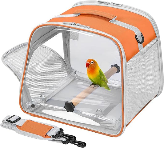 Suertree Small Bird Carrier, Large Window Travel Cage with Stand and Easy Clean Tray for Parrot Parakeet Cockatiels, Lightweight and Portable, Orange H