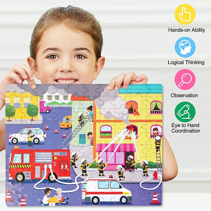 LELEMON 100 Pieces Jigsaw Puzzles in a Metal Box for Kids Age for 4-8 Boys Girls Toy Puzzles Fire Truck Ambulance Police Car Fireman Children Learning Educational Puzzles Toys