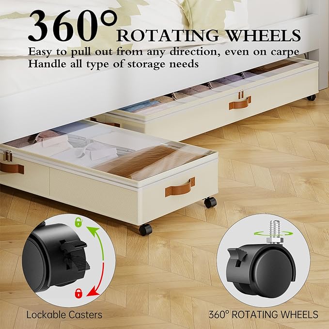 Rolling Under Bed Storage with Dividers, 85L, 2 Pack – Beige