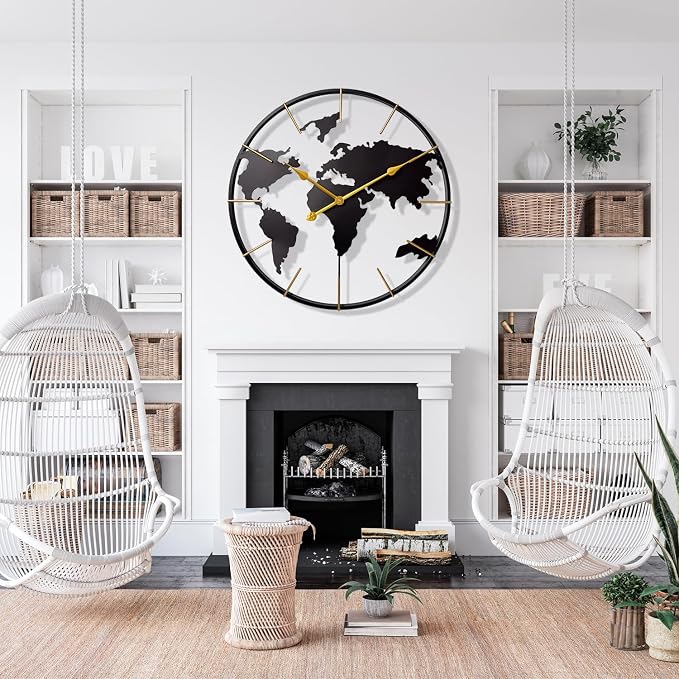 Large World Map Wall Clock, Metal Minimalist Modern Clock, Round Silent