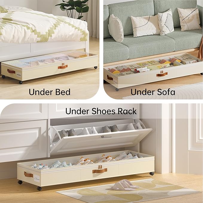 Rolling Under Bed Storage with Dividers, 85L, 2 Pack – Beige