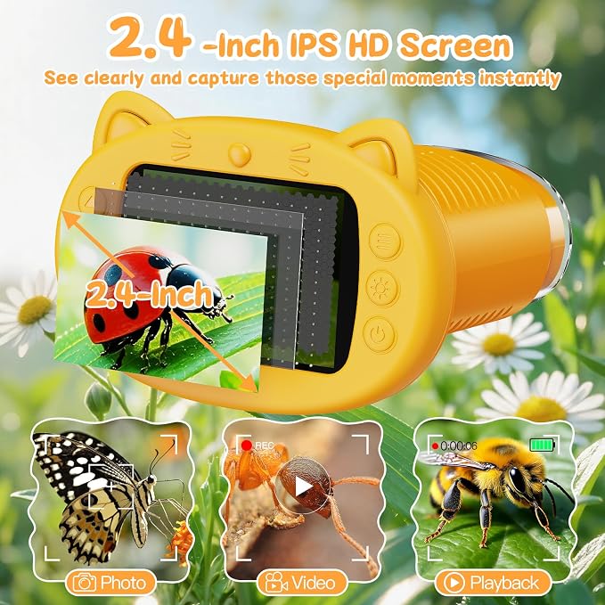 SEEKID Kids Microscope,1000X Handheld Digital Microscope (Yellow) | 2.4" IPS Screen | Rechargeable Handheld | 8 LED Lights | STEM Toy for Exploring Science | Ages 5–12