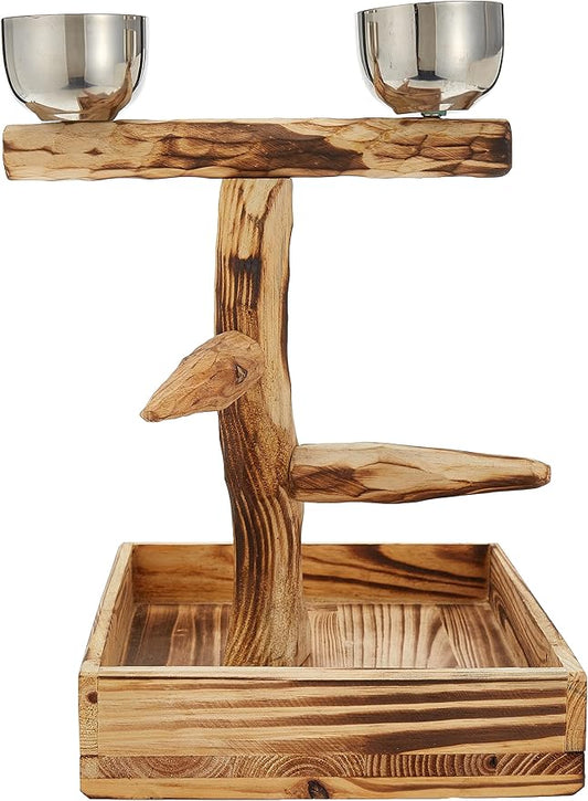 PENN-PLAX Bird-Life Natural Wood Tree Perch for Small and Medium Birds – Includes Food and Water Bowls with Drop Tray – Medium