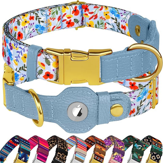 AirTag Dog Collar for Small Medium Large Breed - Adjustable Cute Pattern Dog Collar with Airtag Holder - Soft Leather Tracker GPS Apple Air Tag Pet Collars (Medium, 14"-18" Neck Fit, Floral)