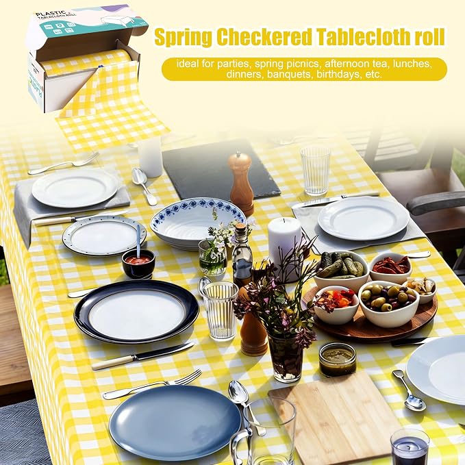Kochorie 54 Inch x 300 Ft Light Yellow Checkered Plastic Table Cloth Roll