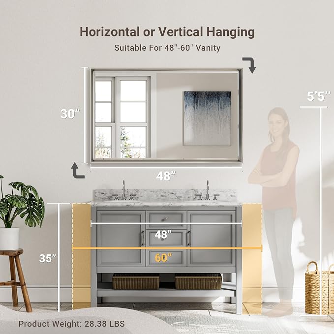 48'' x 30'' Brushed Nickel Framed Beveled Bathroom Mirror, Shatterproof