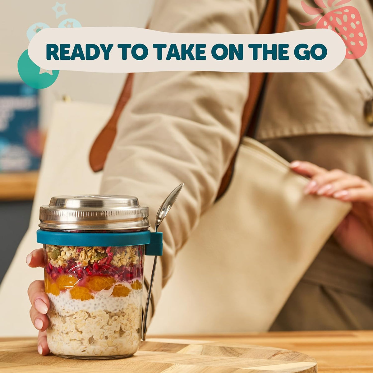 OATOLOGY Overnight Oats Containers with Lids & Spoons - Stainless Steel Lid Leakproof Glass Jars for Chia Pudding & Yogurt for Healthy Breakfast On-the-Go - 16oz Set with Unique Milk Line - 2 Pack