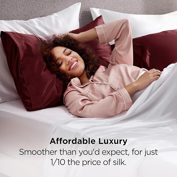 Bedsure Satin Pillowcases, Similar to Silk Pillow Cases Queen Size Set of 2, Burgundy Pillow Case with Envelope Closure, Christmas Decor Home Gifts for Women Men, 20x30 Inches, 2pcs
