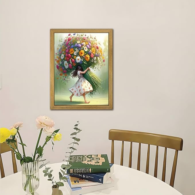 Wood Framed Pink Wildflower Canvas Wall Art, Girl Hugging Flowers Poster Prints