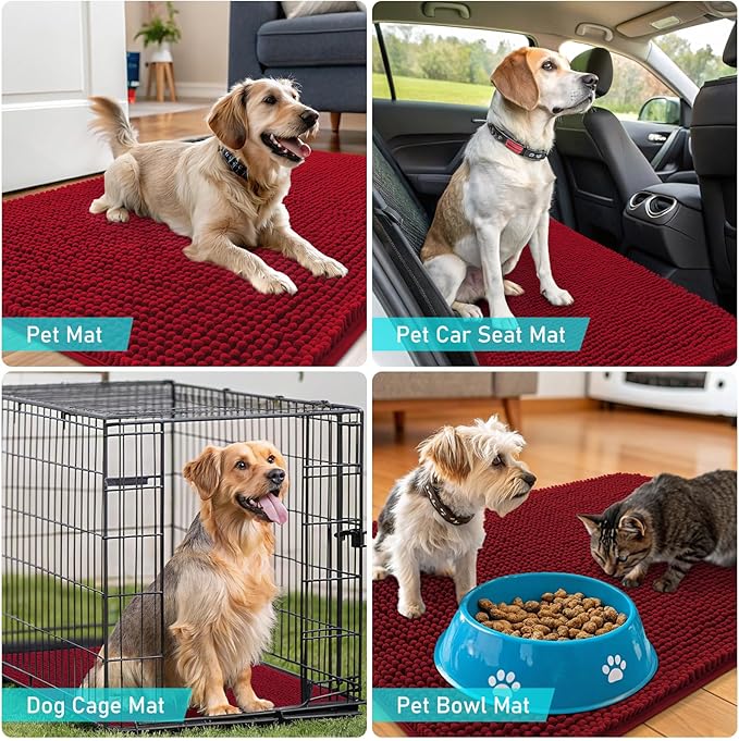 OLANLY Dog Door Mat for Muddy Paws 30x17, Absorbs Moisture and Dirt, Absorbent Non-Slip Washable Doormat, Quick Dry Chenille Mud Mat for Dogs, Entry Indoor Entryway Carpet for Inside Floor, Red