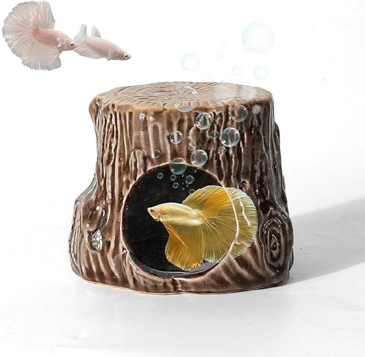 Aquarium Decor Cave Betta Fish Aquarium Accessories Ornaments Hiding Cave Wooden Stake Shape House Hideout for Shrimp Cichlid Hermit Crab, Octopus Hiding Breeding for Tank (Brown)