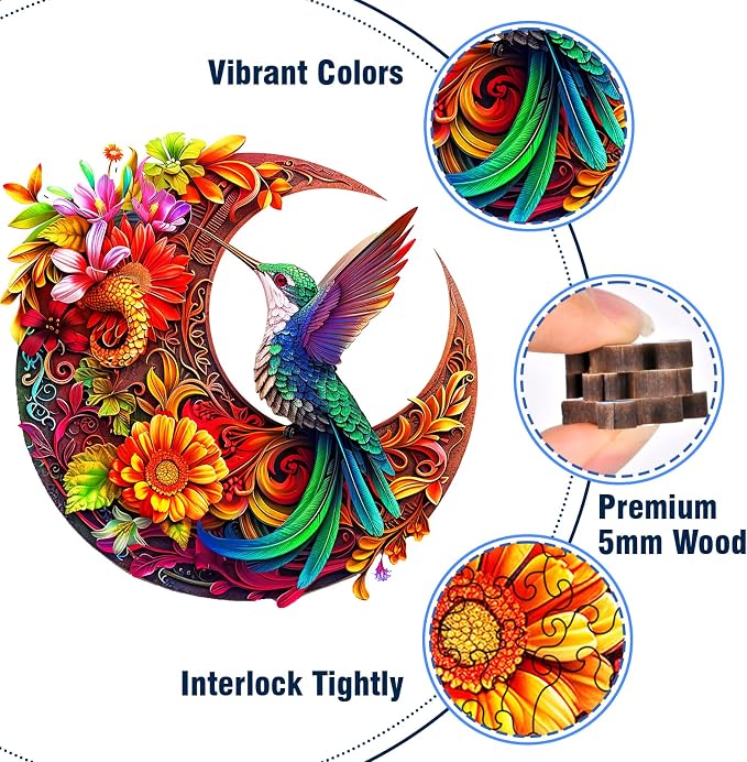 Unique Wooden Puzzles for Adults, Hummingbird Puzzle 200 Pieces 11.4" x 11.4", Animal Shaped Wood Puzzles Adult, Wooden Jigsaw Puzzles for Adults, Family Games for Kids and Adults