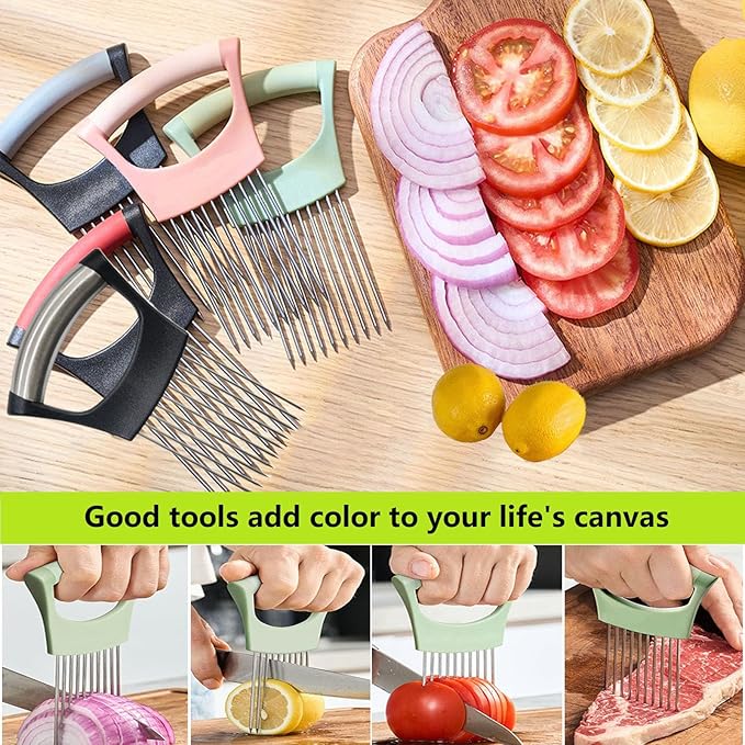 Upgraded Stainless Steel Lemon Slicer Onion Cutter, Onion Holder for Slicing, Vegetable Cutter Kitchen Chopper Slicing Assistant Tool for Potato and Tomato Avocados Eggs Meat (1, Green)