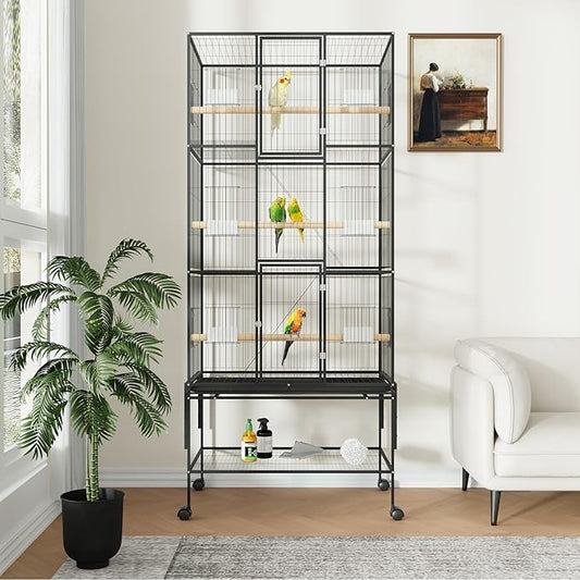 69 Inch Large Bird Flight Cage Rolling Parrot Cage with Storage Shelf for Mid-Sized Birds, Macaw Cockatiels Conures Parakeets Budgie Finch Black
