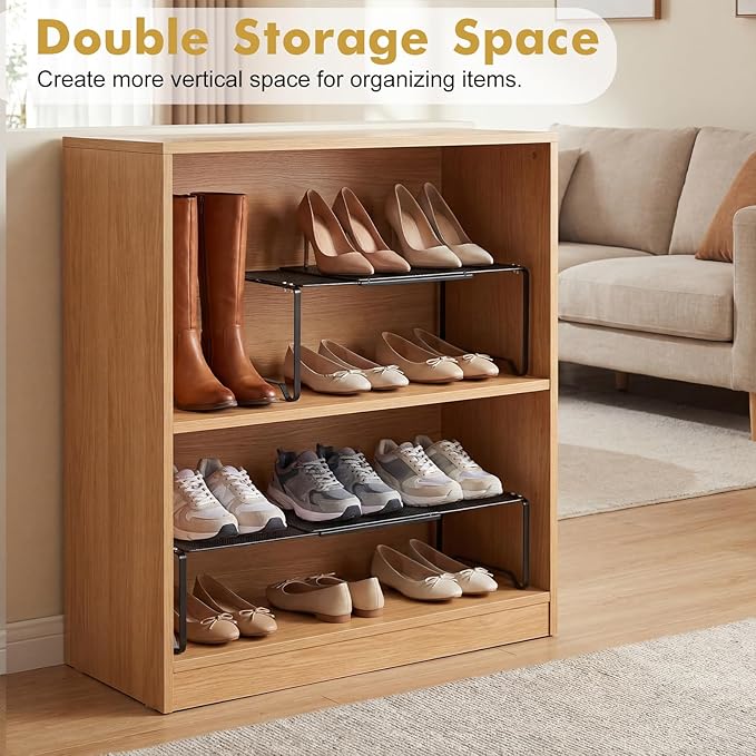 Extendable Dense Mesh Metal Shelf - 15-24.4in Adjustable Stackable Organizer for Kitchen, Bathroom, Shoe Cabinet & Tool Closet, Dust-Proof Small Item Friendly Storage Rack (1 Piece, Black)