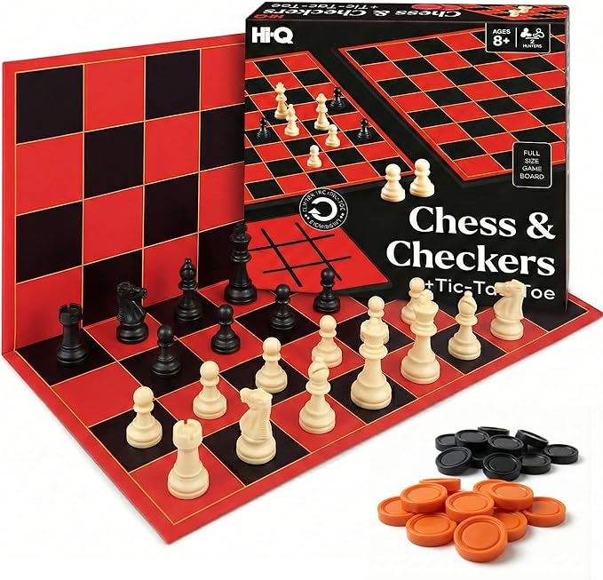 3-in-1 Chess, Checkers & Tic-Tac-Toe Game Set – Double-Sided Folding Board – Staunton Style Pieces & Interlocking Checkers – Classic Strategy Family Board Game for Kids & Adults