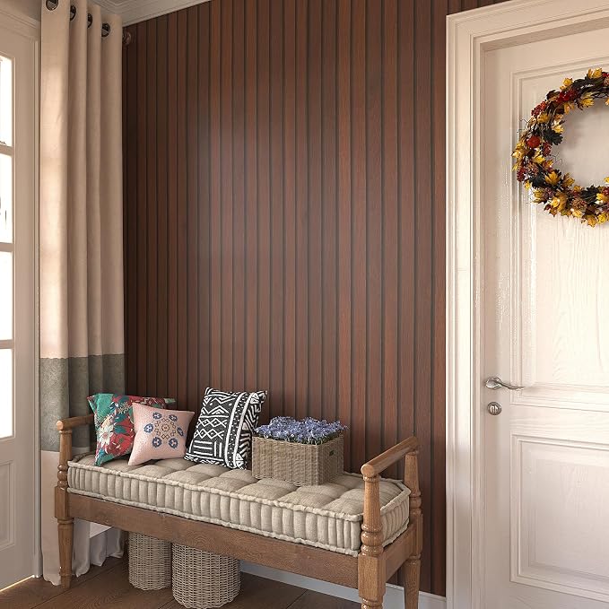 VEELIKE Dark Walnut Wood Slat Wallpaper Peel and Stick Wood Grain Panel