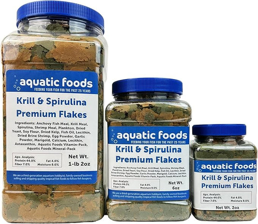 Aquatic Foods Inc. Premium Krill & Spirulina Flakes for Cichlids, Discus, Angels, Tetras, Guppies, Koi, Goldfish, All Tropical Fish Also Pellet Mix, Wafer Mix Included…2oz