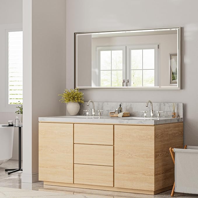 48 x 24 Brushed Nickel Bathroom Mirror, Beveled Framed Rectangle, Shatterproof