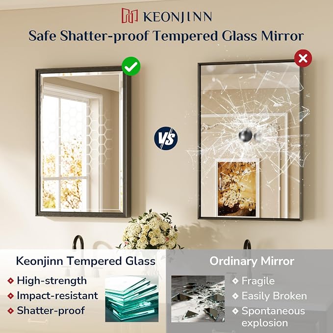 Keonjinn 72" x 36" Large Black Bathroom Vanity Mirror, Brushed Black Framed
