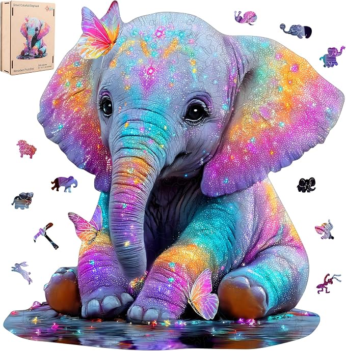 MEATRN Wooden Jigsaw Puzzles, Animal Puzzles for Adults & Kids, 491 Pcs | Colorful Baby Elephant with Butterflies, Educational Brain Teaser Gift and Home Art Decor, 16.3x16.7 in