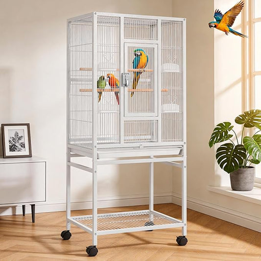 DWVO 53.9-Inch Metal Bird Cage: Large Parrot Cages with Seed Catcher & Cover - Rolling Stand with Brakes for Parakeets, Lovebirds, Cockatiels, Finches and Pigeons