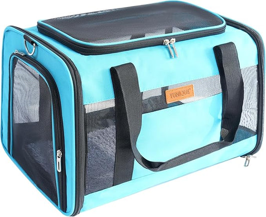 YUNIQUE Soft-Sided Cat & Dog Carrier for Pets Up to 15 Lbs, Airline Approved Collapsible Travel Puppy Carrier with Lightweight Fabric Design (Blue)