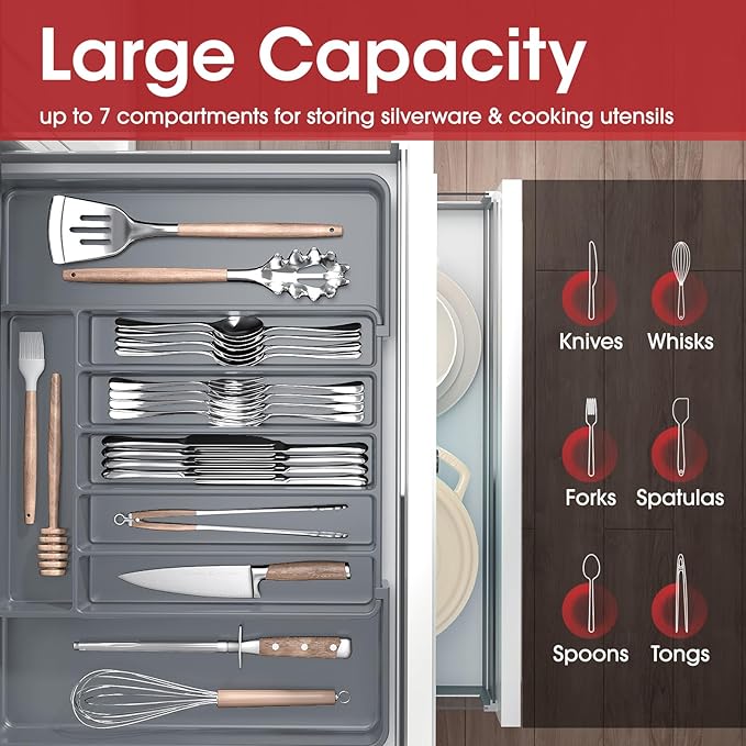 Aujen Silverware Organizer - Expandable Kitchen Drawer Organizer, Adjustable Utensil Organizer, Cutlery Tray for Forks, Knives, Multipurpose Kitchen Organizers and Storage Solution, Grey, Large