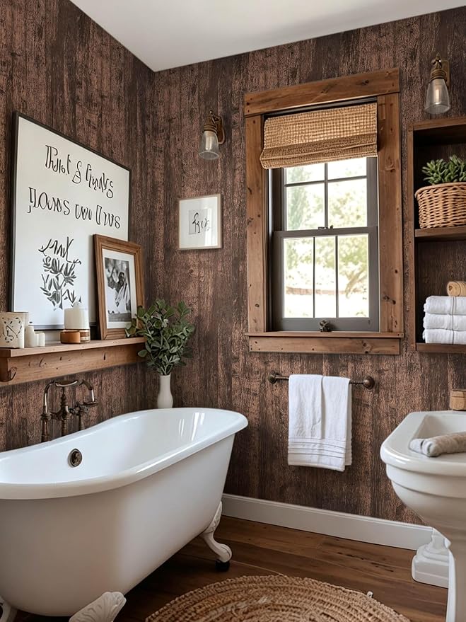 Dimoon Wallpaper 17.7" x236'' Wood Peel and Stick Wallpaper Removable Brown
