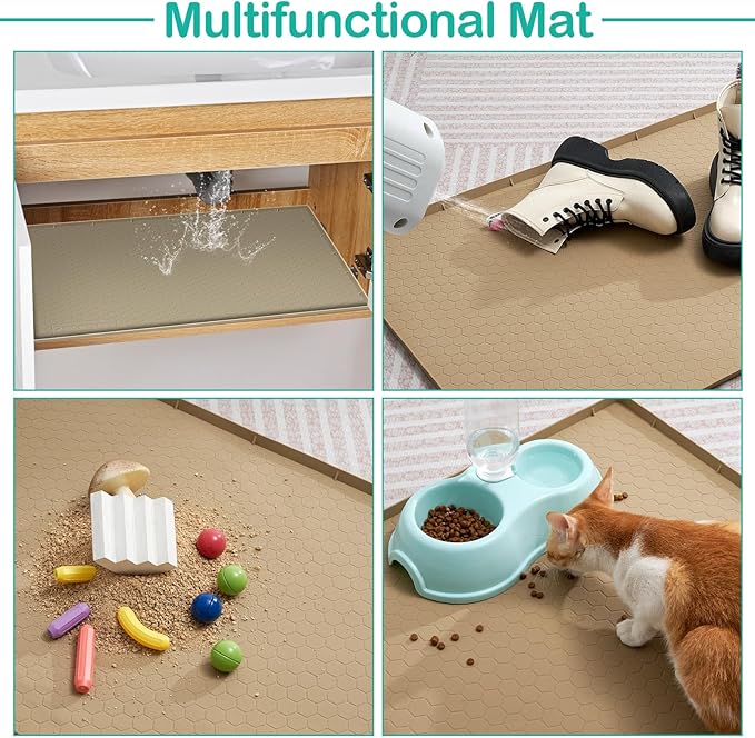 Waterproof Under Sink Mat 28" x 19", Silicone Cabinet Liner, Rubber Protector for Kitchen and Bathroom, Keeps Cabinets Clean, Dry, and Organized (Beige)