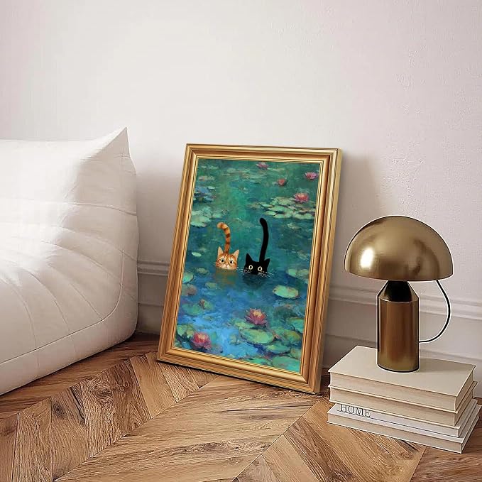 Fantasy Artists Gold Framed Wall Art Prints, Two Swimming Cats in Lotus Pond