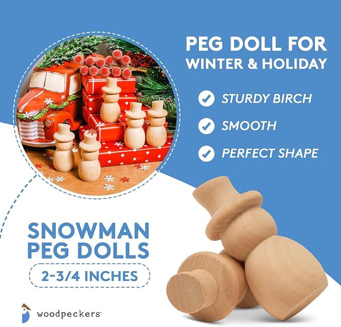 Snowman Peg Dolls 2-13/16 inch, Pack of 12 Wooden Peg Dolls for Christmas Crafting, Nativity Scenes, Holiday Decorations, by Woodpeckers