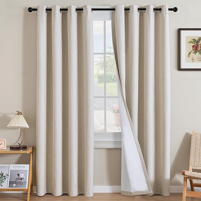 H.VERSAILTEXLinen-Polyester Curtains 100%Blackout Curtains for Bedroom 96"Long Full Light Blocking Nature Linen-Polyester Blended Window Curtains for LivingRoomNickel Grommet(2Panels,HeatheredNatural)