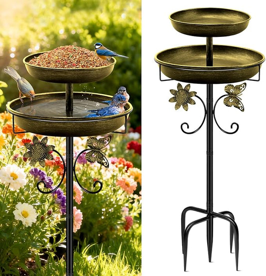 Daoeny Bird Bath for Outside, 42In Vintage Freestanding Birdbaths for Outdoors, Double Metal Bird Bath Feeder Bowls for Garden Patio Yard Lawn Decor, Upgraded 5-Pronged Base (Antique Golden)