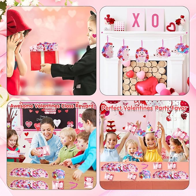 Fennoral 24 Pack Valentine's Day Craft Kits for Kids Make You Own Hedgehog Heart Poke in Art and Craft with Card DIY for Valentines Day Gift for Kids Classroom Activities Party Decoration