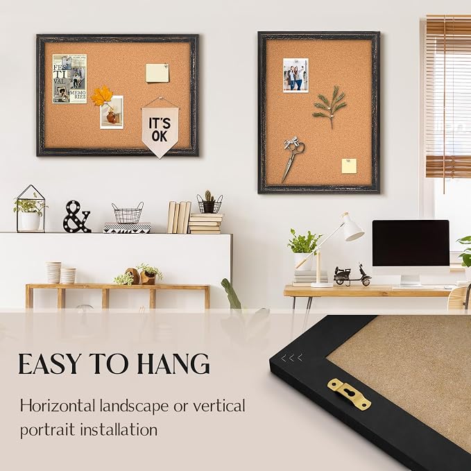 Cork Board Bulletin Board, Rustic Black Wooden Frame, Decorative Hanging Pin